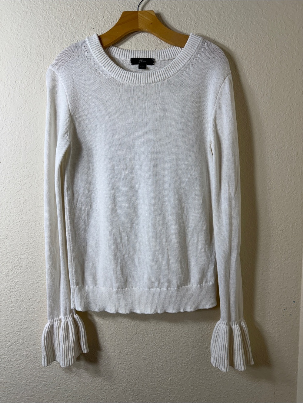 J. Crew White Ruffle Cuff Crewneck Sweater Knit Cotton Blend Size XXS